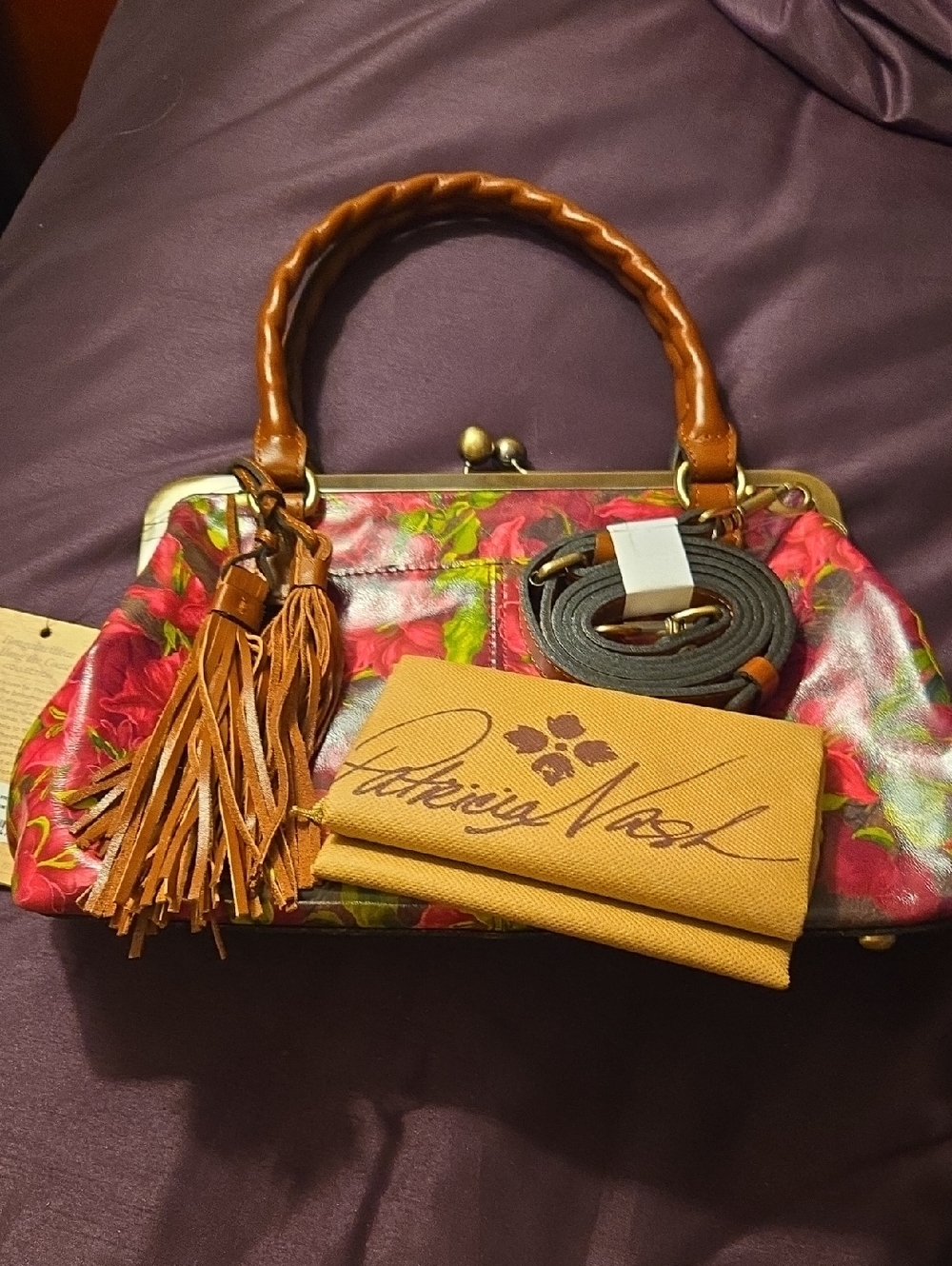 Patricia Nash Red Floral Leather Frame Satchel with Brown Trim